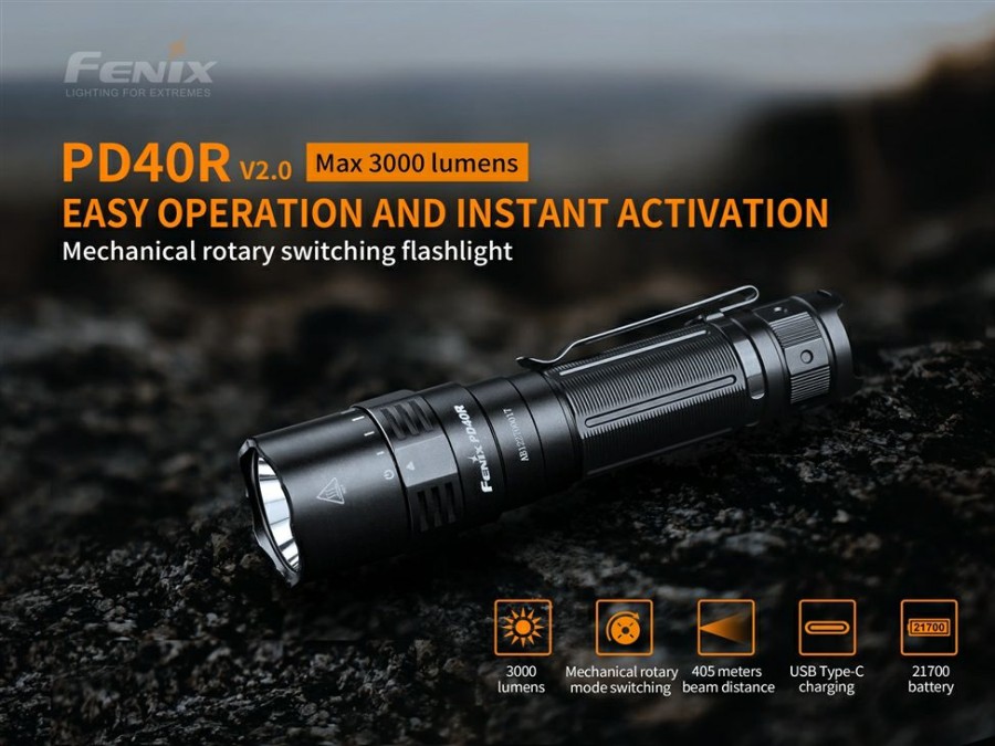 Tactical Flashlights * Fenix Pd40R V2.0 3000 Lumen Usb-C Rechargeable Flashlight